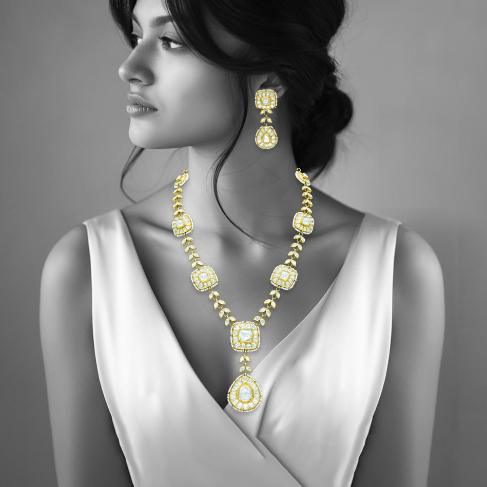 Polki Square Necklace Set with Polki Leaves and Pear Drop